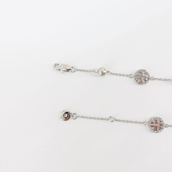 Tory Burch Crystal Logo & Imitation Pearl Station Bracelet Silver OS - Picture 6 of 15